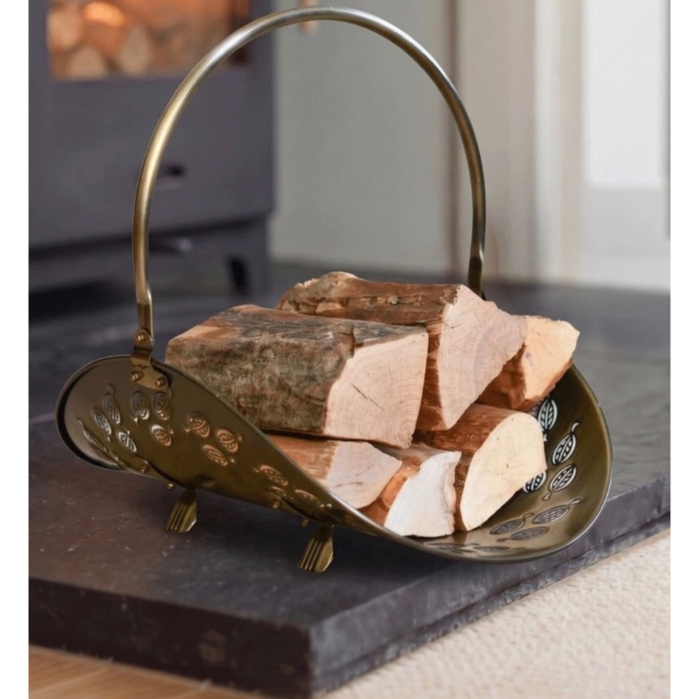NOS Vintage Brass Tone Fireplace Log Holder Leaf Cutout Firewood Basket 20"